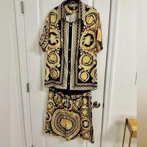 Men’s casual- Black and Gold Patterned Shirt and Shorts Set